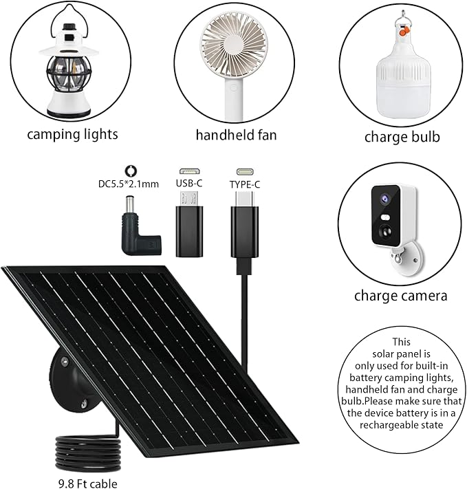 Solar Panel for Security Camera 5V 6W USB Solar Panel Charger Type-C Port、Micro USB Port&DC Port Solar Sanels for Cameras with 9.8ft Charging Cable Charging Power IP65 Waterproof (2 Pack Black)