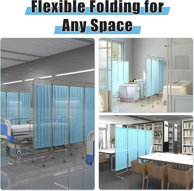 tonchean 4-Panel Medical Privacy Screens with Wheels Foldable Mobile Hospital Screen Silent Lockable Room Divider for Clinics, Nursing Homes and Salons, Blue