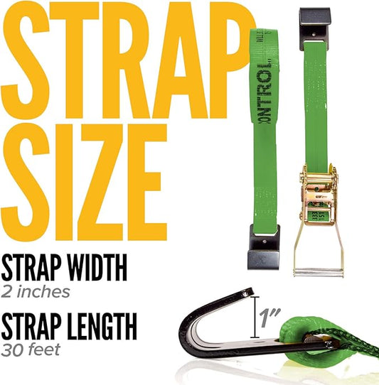 US Cargo Control Flat Hook Ratchet Straps 2 Inch X 30 Foot (2-Pack), 10,000 LBS Break Strength, Green Heavy Duty Ratchet Straps with Black Flat Hooks, Tie Downs for Flatbed Trailer