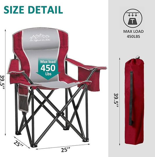 2PCS Folding Camping Chair Portable Outdoor Heavy Duty Padded Chairs Lawn Chair with Cup Holder, Storage Pocket and Cooler Bag, Supports 450LBS Red