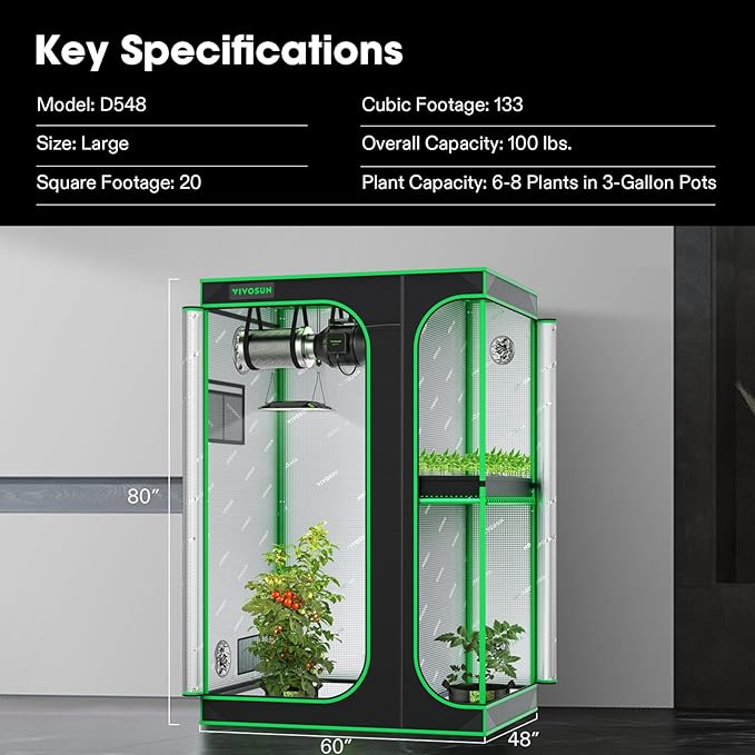 VIVOSUN D548 2-in-1 5x4 Grow Tent, 60"x48"x80" High Reflective Mylar with Multi-Chamber and Floor Tray for Hydroponic Indoor Plant
