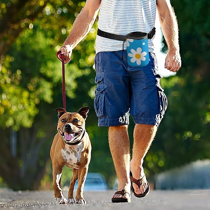 Portable Travel Dog Carrier Bag, Fashion Pet Training Package, Puppy Snack Pocket with Adjustable Waist Belt for Cat Dog Puppy Light Blue Floral Daisy Flower Dots