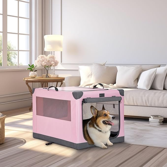 PETSFIT Soft Dog Crate, with Patented Adjustable Fabric Cover, Chewproof & Lockable Mesh Doors, Waterproof Base Collapsible Kennel Pink 30 Inch