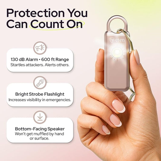 Weten Personal Safety Alarm Keychain – 130dB Siren with Bottom Speaker, LED Light, Wristlet & Carabiner Clip – Weatherproof Self Defense Alarm with Low Battery Alert (Metallic Rose)
