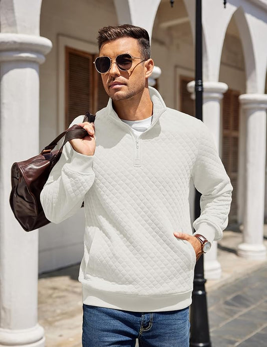 COOFANDY Mens Quarter Zip Pullover Quilted Sweatshirt Knit Long Sleeve Mock Neck Sweater Polo with Pocket