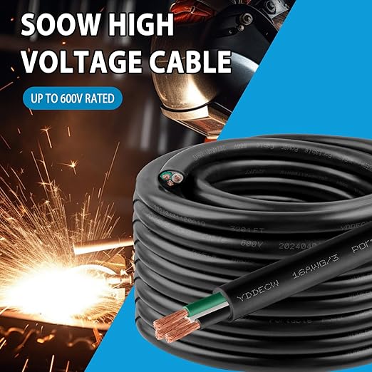 100ft 16/3 16 AWG Portable Power Cable (3 Conductor) - SOOW 600V 16 Gauge Electric Wire for Motor Leads, Portable Lights, Battery Chargers and Machinery - 3 Conductor - 100 Feet Electrical Cord