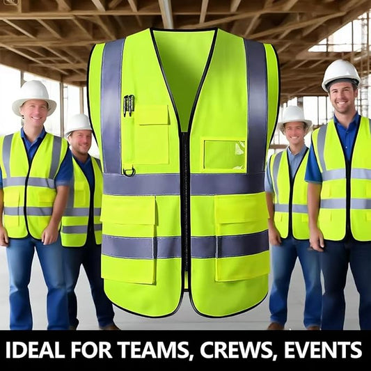 DME&SMS 3-Pack High Visibility Safety Vests, Reflective Strips, Zipper Front, Mesh Hi Vis Vest (Fluorescent Green)