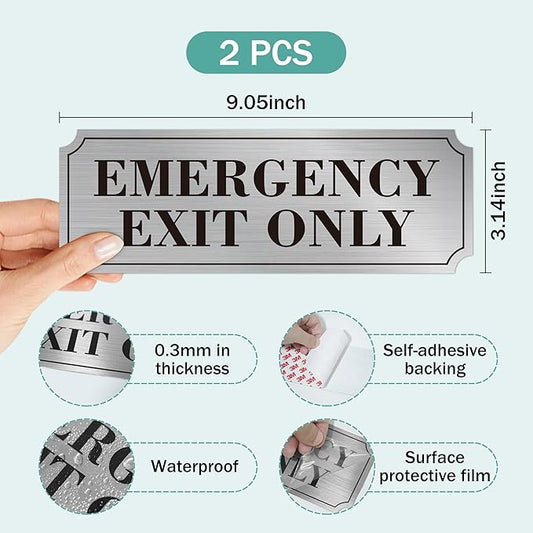 2PCS Emergency Exit Only Signs Sticker,Self Adhesive Water & Fade Resistant Black Silver Exit Only in Emergency Sign for Business, Schools, Offices, Storage Rooms, Hospitals