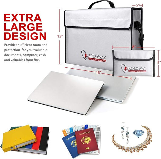 ROLOWAY Fireproof Document & Money Bags, Large Fireproof & Water Resistant Bag (15 x 12 x 5 inches), Fireproof Folder Safe Bag for Cash, Valuables & Passport, with Silicone Coating & Zipper Closure