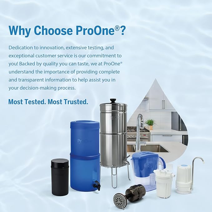 ProOne Big+ Gravity Water Filter System High Capacity Countertop Stainless Steel Water Filter Dispenser IAPMO Certified to Reduce Lead, Total PFAS, Microplastics, Chlorine Taste & Odor, 3 Pack Filter