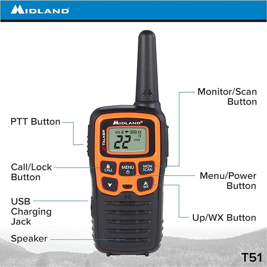 Midland T51VP3 22 Channel FRS Walkie Talkie - Up to 28 Mile Range Two-Way Radio - Orange/Black (Pack of 10)
