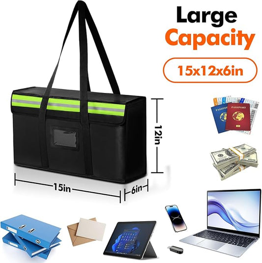Large Fireproof Document Bags 15x12x6in, Fireproof Document Box for Cash, Photo Albums, Valuables, Extra Large Fireproof Bag Waterproof Document Storage with Reflective Strip, Black