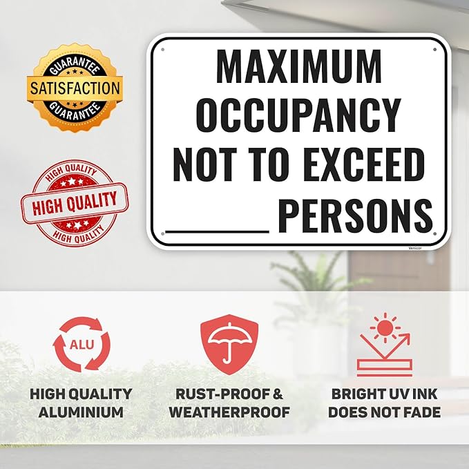 1PC Maximum Occupancy Sign, 14 x 10 Inches - Aluminum - Self-Adhesive Max Capacity Signs For Business