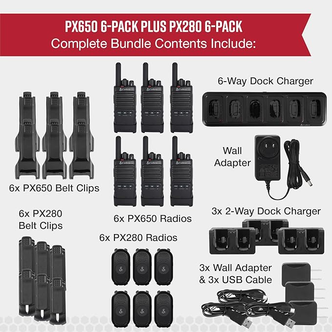 Cobra Business Radio Bundle – 12 Professional Walkie Talkies (6 PX280, 6 PX650) - Compact Long-Range Two-Way Radios, Dock Chargers, IP54 Durable, Rechargeable