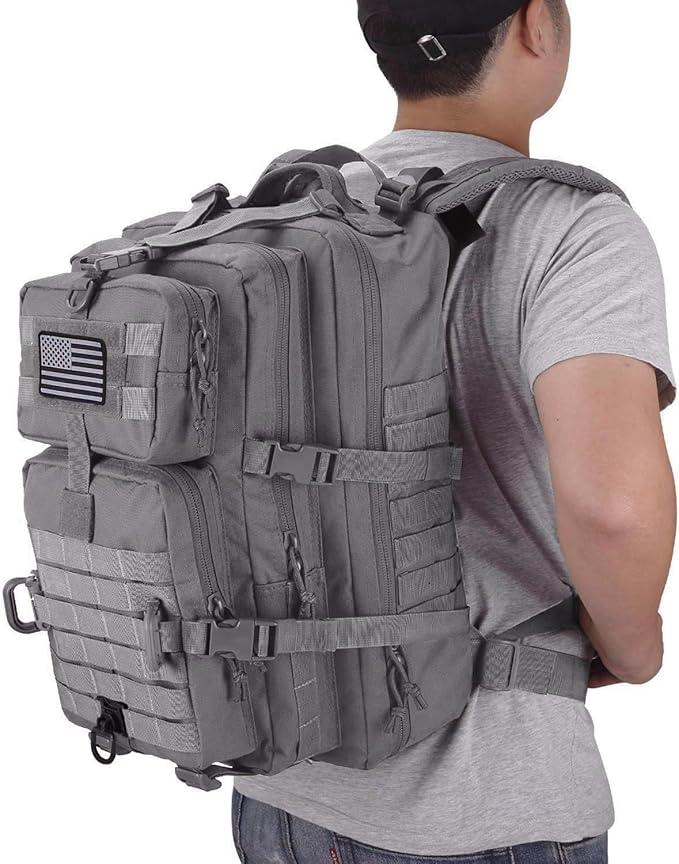 MOLLE Assault Backpack, Tactical Backpack Military Army Camping Rucksack, 3-Day Pack Trip w/USA Flag Patch, D-Rings, Grey