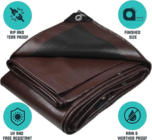 Core Tarps Extra Heavy Duty 16 Mil Tarp Cover, Waterproof, UV Resistant, Rip and Tear Proof, Poly Tarpaulin with Reinforced Edges for Roof, Camping, Patio, Pool, Boat (Brown/Black 12′ X 12′)