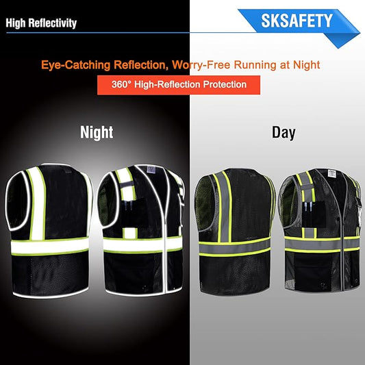 SKSAFETY 10 Pockets Safety Vest, Class 2 High Visibility Security with Zipper Double-sided mesh, Hi Vis Vest with Reflective Strips, ANSI/ISEA Standard, Construction Work Vest (Black, XL)