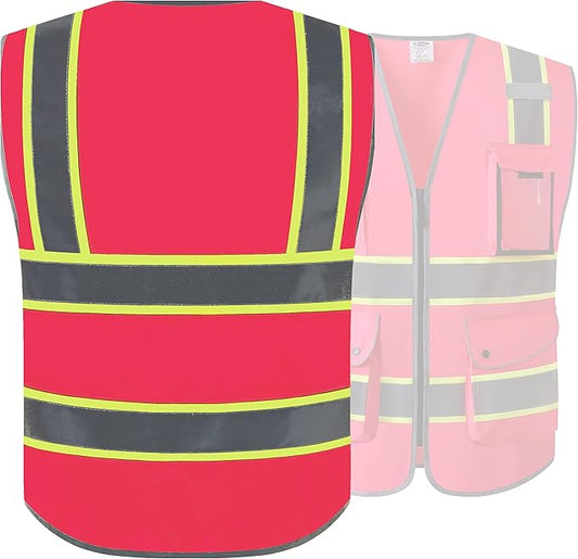 JKSafety 9 Pockets High Visibility Zipper Front Safety Vest | Pink with Dual Tone High Reflective Strips | Meets ANSI/ISEA Standards (901-Pink, 3X-Large)