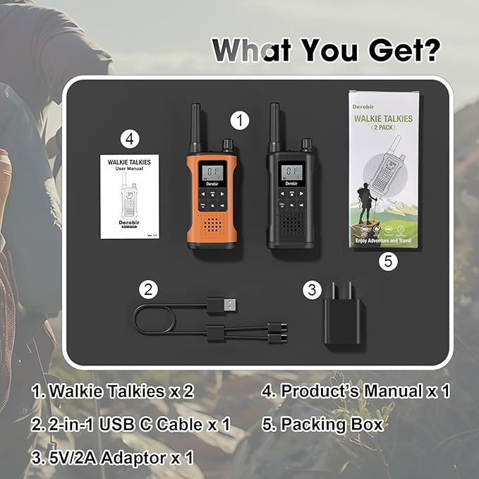 Walkie Talkies Long Range for Adults-2 Pack Rechargeable Walkie Talkies 22 FRS Channels 2-Way Radios with NOAA Weather Alert,VOX,Flashlight and 1500mAh Li-ion Battery for Family Camping Hiking