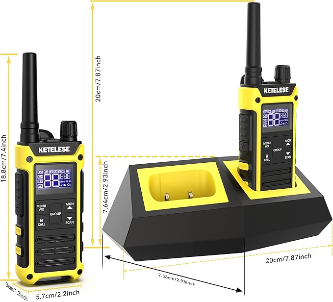 KETELESE T3F IP67 Waterproof Walkie Talkies, FRS Two Way Radio with Earpiece, Triple Proof, Three Charging Options, USB/Type C Radio, NOAA, VOX (2 Pack), Black/Yellow