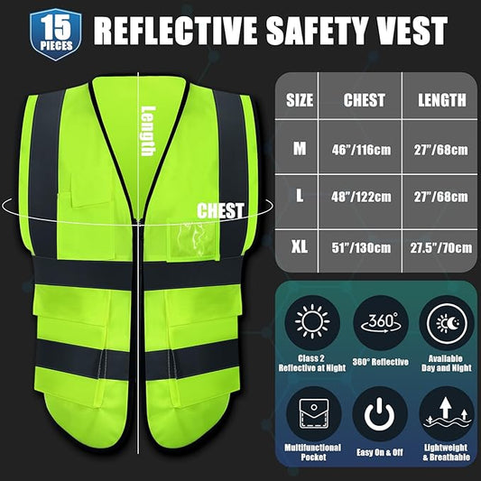 JaGely 15 Pack Reflective Safety Vests with Pockets and Zipper Construction Work High Visibility Vest for Men Women(X-Large,Fluorescent Green)