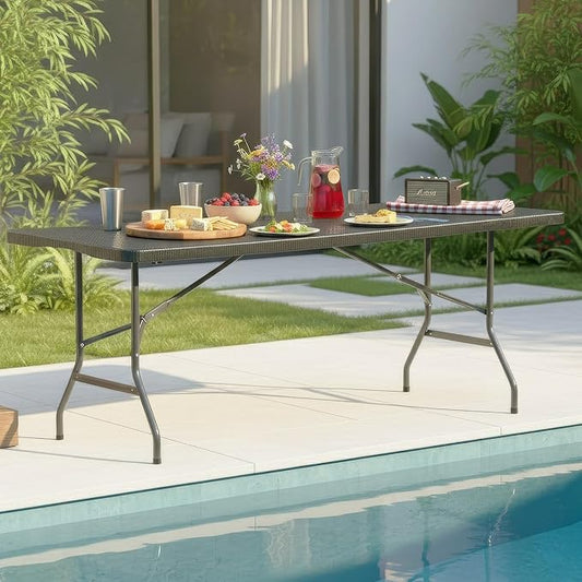 FDW 6FT Folding Table, Portable Fold-in-Half Plastic Picnic Party Table with Carrying Handle (Black Ratten, 6FT)