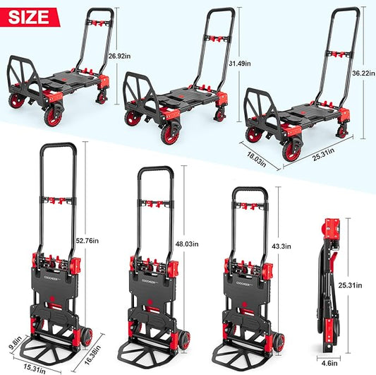 2-in-1 Folding Hand Truck Dolly 330LB Load Carrying, Hand Truck Foldable Dolly with Retractable Handle and 4 Rubber Wheels, Portable Folding Hand Cart for Moving/Travel/Office(Red)