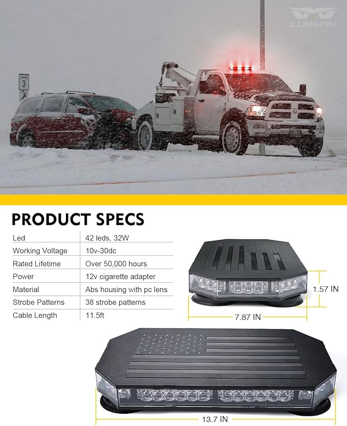 LUMENIX Rooftop Strobe Beacon Lights White Red LED Emergency Warning Caution Flashing Traffic Light Bar for POV Firefighter Ambulance Vehicles Fire Trucks, American Flag Pattern | Patented Design