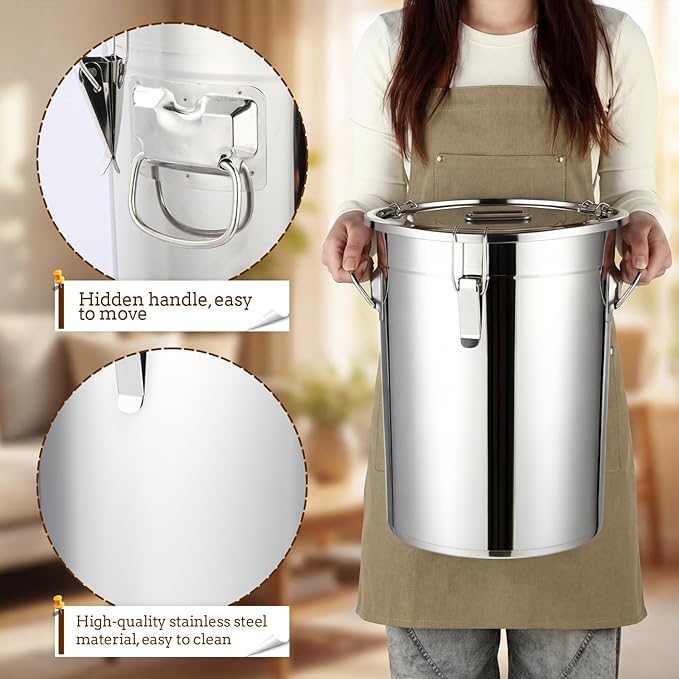 Lounsweer 2 Pack 7 Gal Stainless Steel Dog Food Storage Container with Lid and Locking Clamp 28 L Metal Airtight Container Large Stainless Steel Bucket with Food Scoop for Pet Feed (Classic)