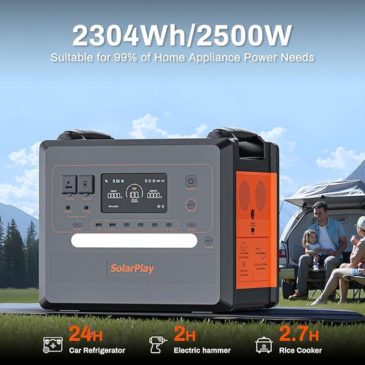 SolarPlay Portable Power Station 2500W(Peak 5000W), 2304Wh Solar Generator, 1.5Hrs Fast Charging LiFePO4 Battery 4 AC Outlets BMS Emergency Power Station for Home Camping Outdoor Battery Backup