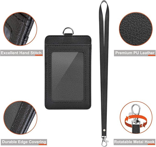 3 Pack PU Leather ID Badge Holder, Life-Mate ID Badge Holder with 1 Clear ID Window 1 Credit Card Slot and PU Leather Lanyard for Badge Credit Cards College ID Cards in Black