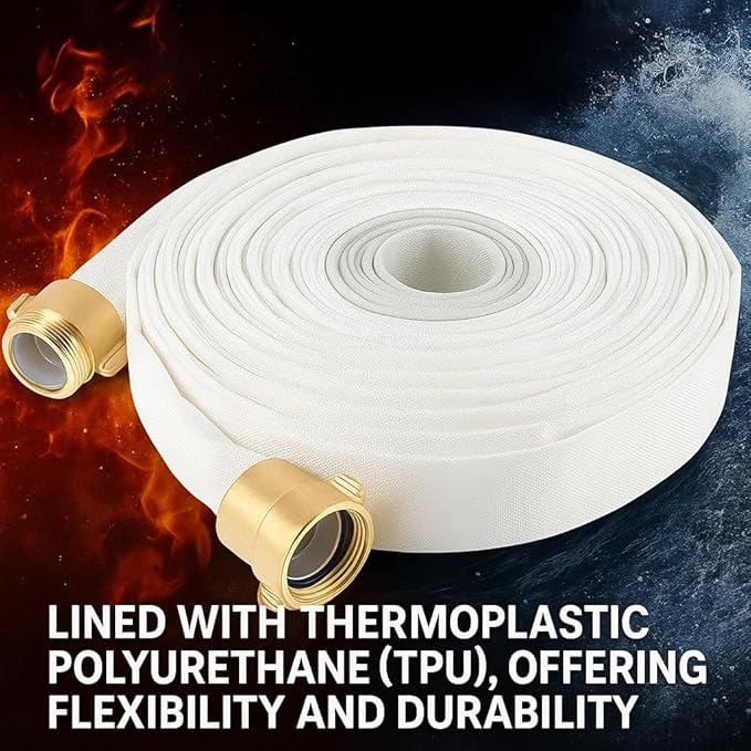 AKW Fire Hose - 1-1/2" ID x 100 FT Single Jacket TPU Firefighter Hose with M × F NST/NH Brass Couplings 750 PSI Burst Pressure Lightweight for Use in Firefighting Connectors (100 ft.)