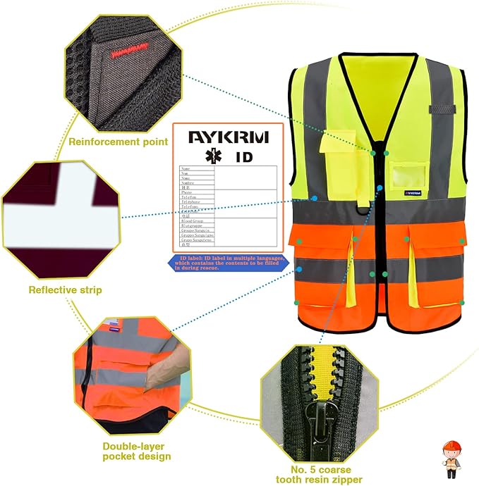 Big and tll Safety Vest with Reflective Strips and Zipper, Yellow&Orange Color Mixed 6XL-8XL