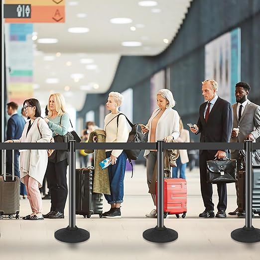 6 Pack Black Stanchions with Retractable Belts - Crowd Control Barriers, Heavy Duty Weighted Base for Events, Retail, Queue Lines
