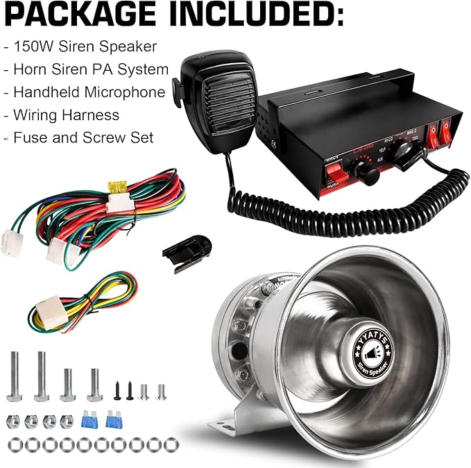 8Tones 200W Emergency Siren with PA - IP67 Waterproof Police/Fire Truck Siren, Yelp/Wail/Hi-Lo Modes, Includes Mic & Speaker for Vehicle PA System | 12 Volt Siren | Car Alarm Siren