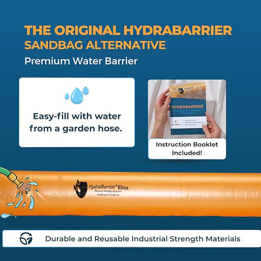 The Original HydraBarrier Ultra Flood Barrier –24 ft Long x 6 in High – Light, Reusable Sandbag Alternative – Flood Control & Diversion Tube for Home, Garage, Door & Property Protection
