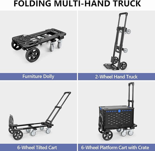 KEDSUM 4-in-1 Convertible Hand Truck Dolly with Folding Crate, 600LBS Heavy Duty Dolly Cart with Wheels, Adjustable Handle & Caster Wheels, Shopping Cart for Groceries, Packages, Collapsible