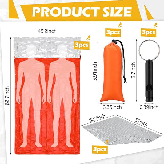 6 Pack 82.7" x 49.2" Emergency Sleeping Bag Emergency Thermal Blanket Survival Bivvy Sack Blanket with Whistle Waterproof Lightweight Portable Shelter for Outdoor Camping Hiking
