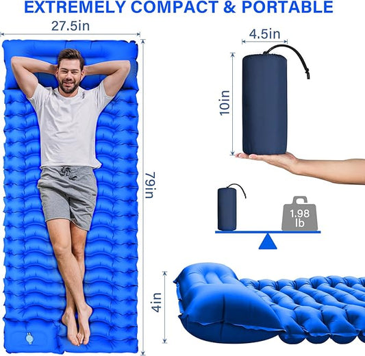Camping Sleeping Pad with Pillow Built-in Foot Pump Inflatable Sleeping Mat Compact for Camping Backpacking Hiking Traveling - Blue