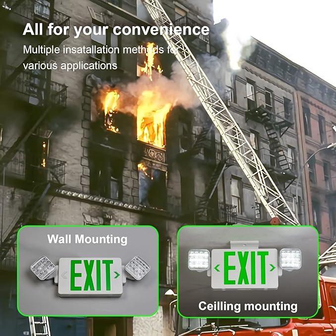 TANLUX Green Exit Sign with Emergency Lights, LED Exit Light - Battery Backup, UL Listed, AC 120/277V - Corded Commercial Emergency Light Combo