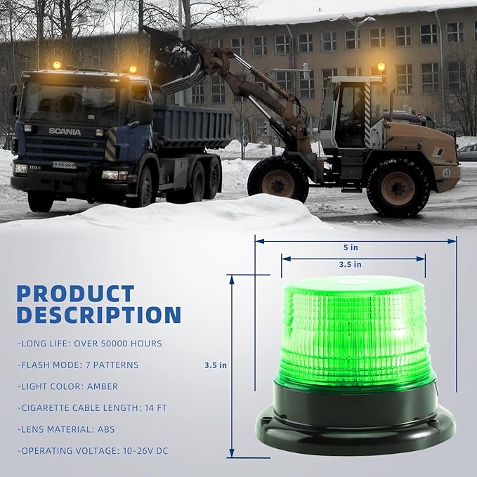 Green LED Beacon Lights 12-24V Warning Safety Flashing Emergency Roadside Strobe Mini Light Bar with Magnetic Base for Snow Plow Truck Construction Vehicles Forklift Tractor Golf Carts 1-Pcs