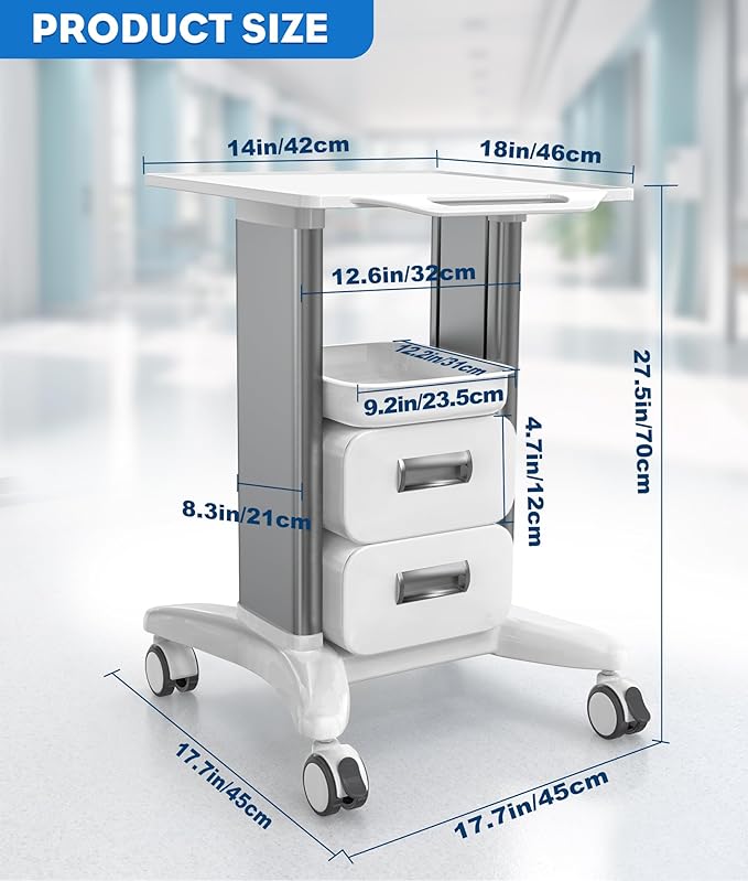 Medical Trolley Cart with Drawers, Hospital Mobile Ultrasound Cart with Trays & 4 Silent Swivel Wheels, 220 LBS Load Portable Storage Drawer for Hospital, Dental Clinic, Beauty Salon (Without Socket)
