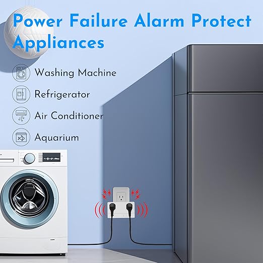 Power Failure Alarm with 2 Socket,80-110dB Adjustable Freezer Alarm with 4 Siren,Power Loss Alert with LED Indicator,Blackout Alert for GFI/GFCI Trips,Refrigerator,Aquarium Air Pump