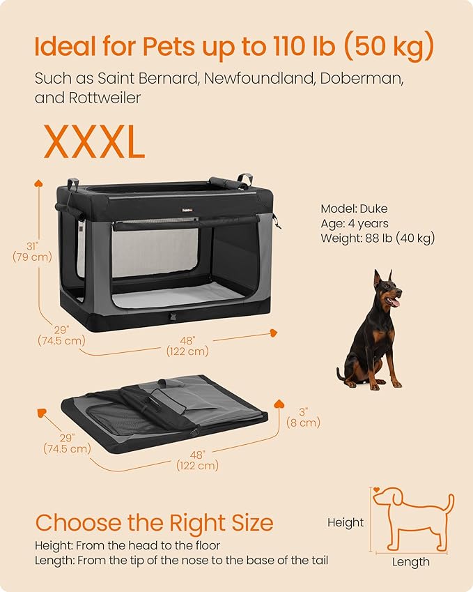Feandrea Collapsible Dog Crate, 44-Inch Portable Dog Travel Crate for Extra Large Dogs, Oxford Fabric Pet Carrier with 4 Mesh Doors, Handles, Storage Pocket, Water Bottle Holder, Ink Black UPDC022BH01