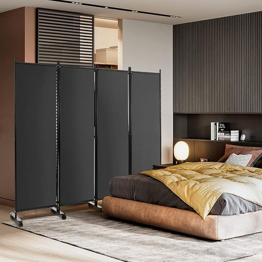 Giantex 4 Panel Room Divider, Folding Privacy Screen with Lockable Wheels, Rolling Partition Room Dividers, Freestanding Fabric Wall Divider for Home Office Studio Separation, 89''W x 68''H, Gray