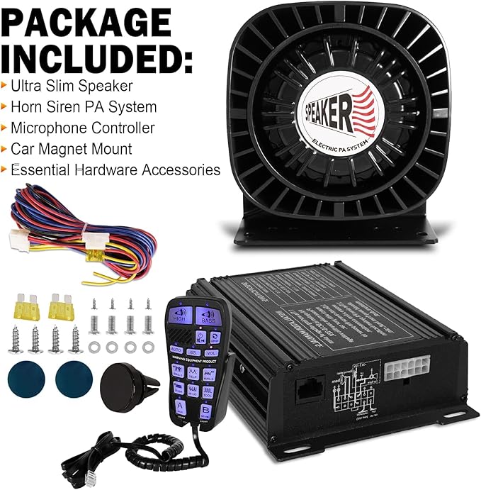 Emergency Police Siren Speaker Kit, 200W Multi-Tones Emergency Sirens PA System Extra Slim Speaker with Handheld Microphone, Car Alarm Megaphone for 12V Vehicles, Tow Truck Pickup Ambulance SUVs