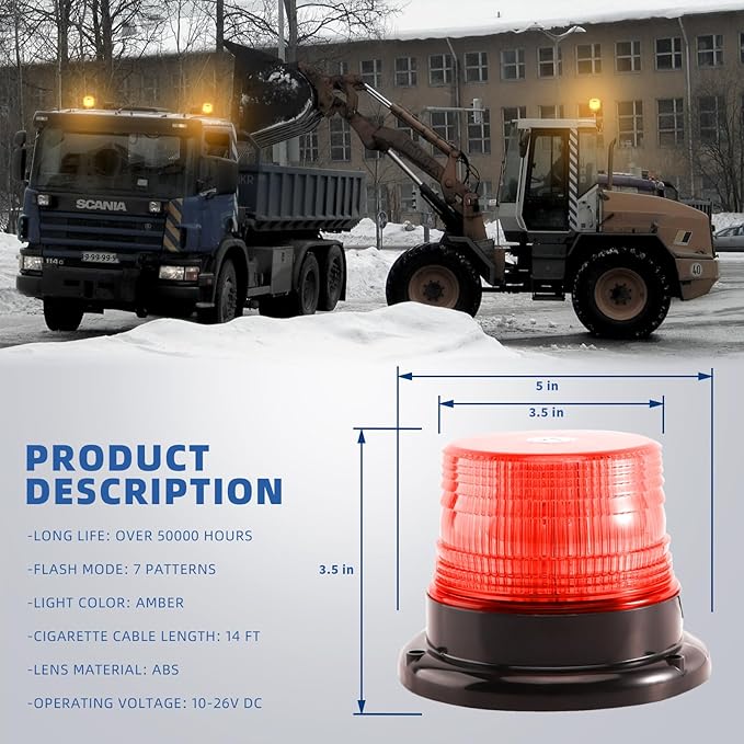 Red LED Beacon Lights 12-24V Warning Safety Flashing Emergency Roadside Strobe Mini Light Bar with Magnetic Base for Snow Plow Truck Construction Vehicles Forklift Tractor Golf Carts 1-Pcs