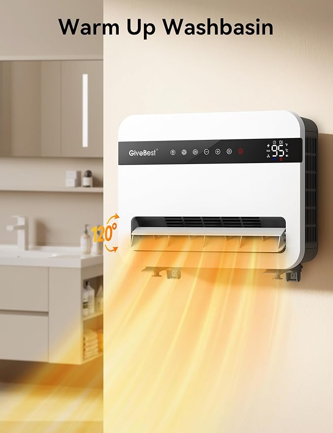 Givebest-Wall-Heater-for-Indoor-Use, 1500W Electric-Space-Heater, 120°Vertical Oscillation,Compatible with Alexa, Adjustable Thermostat, Remote Control, 24H Timer, Easy-mounted Heater for Indoor Use