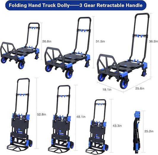 2-1 Folding Hand Truck Dolly,330LBS Capacity Dolly Cart,Foldable Dolly Hand Truck with Retractable Handle and 4 Rubber Wheels,Hand Cart Foldable for Luggage/Travel/Office/Moving