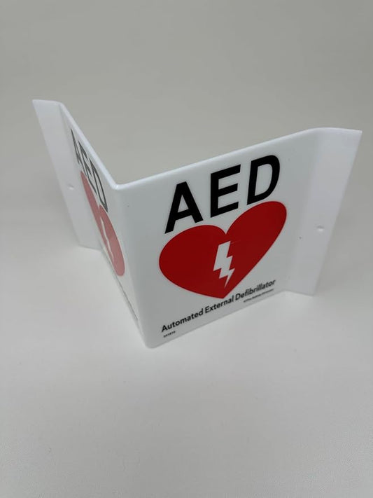 9" Width x 6" Height x 4" Depth Acrylic, Black/Red on White Standard AED "V" Sign